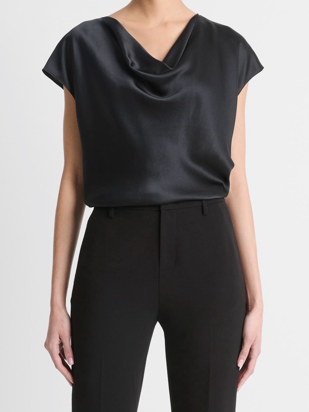 Vince Silk Cowl Neck Blouse L Black Short Sleeve NWOT